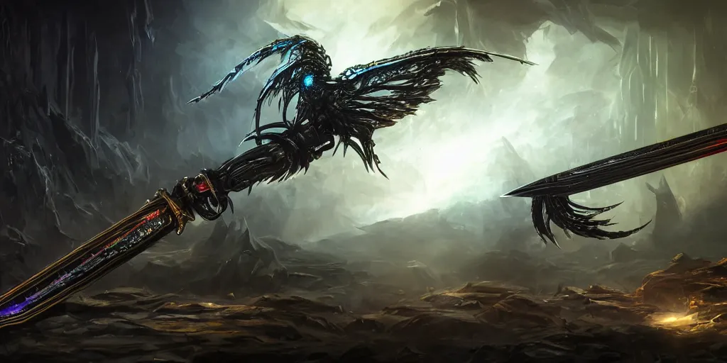 Image similar to legendary cybernetic full long sharp sword lying flat on a glowing table with a black and iridescent sword blade, digital award winning hd matte painting, intimate dark moody, intricate, ornate spikes, colorful gems on hilt, detailed realistic raytraced blade, future golden technological pommel, in the style of greg rutkowski and krenz cushart, deviantart