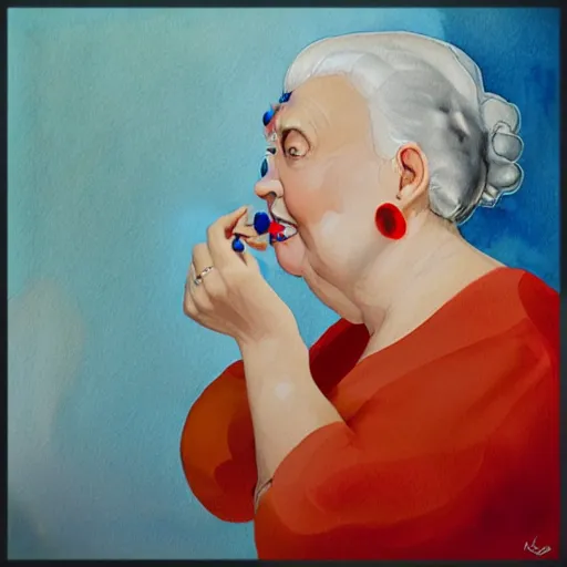 Prompt: a very funny stylize oil painting in modern style of a sweet fat old woman kissing her reflection. symmetry face, red mouth, blue eyes. flowery dress. hyper realistic scene. 3 d, octane render, deep focus, white scene. very funny and sweet image. unreal engine. watercolor. fellini style. klee style.