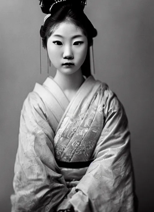 Image similar to a wet plate portrait of a young asiatic young woman, geisha, photorealistic, cinematic light, highly detailed, smooth, sharp focus, illustration, shallow depth of field