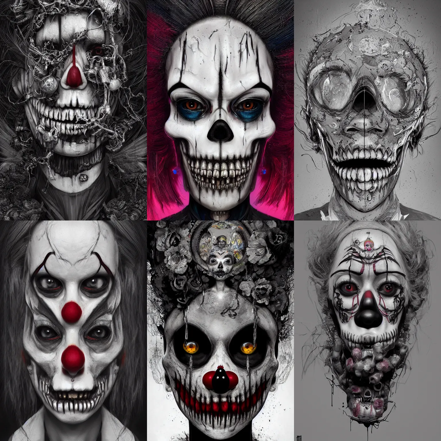 Image similar to portrait of a creepy clown girl skull. intricate abstract. intricate artwork. nightmare fuel. terrifying. by Tooth Wu, wlop, beeple, dan mumford. octane render, trending on artstation, greg rutkowski very coherent symmetrical artwork. cinematic, hyper realism, high detail, octane render, 8k, iridescent accents, black and white