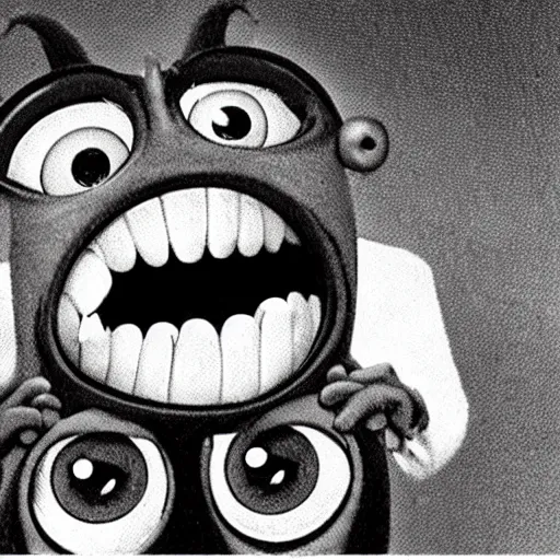 Prompt: vintage picture of mike wazowski from monsters inc at nuremberg trials