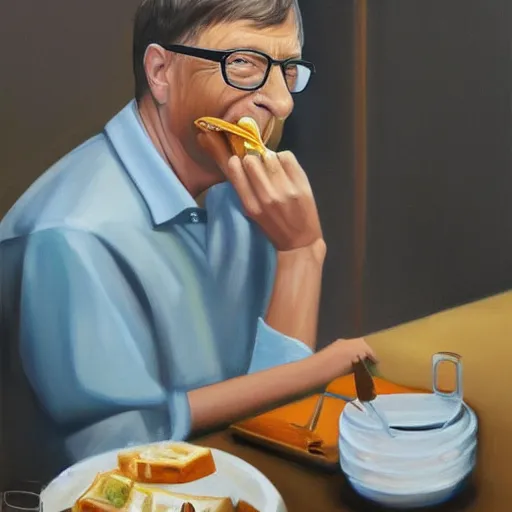 Prompt: an hyper realistic oil painting of Bill Gates eating syringes for breakfast, sitting at a table with a plate full of syringes, looking very sad, trending on artstation,