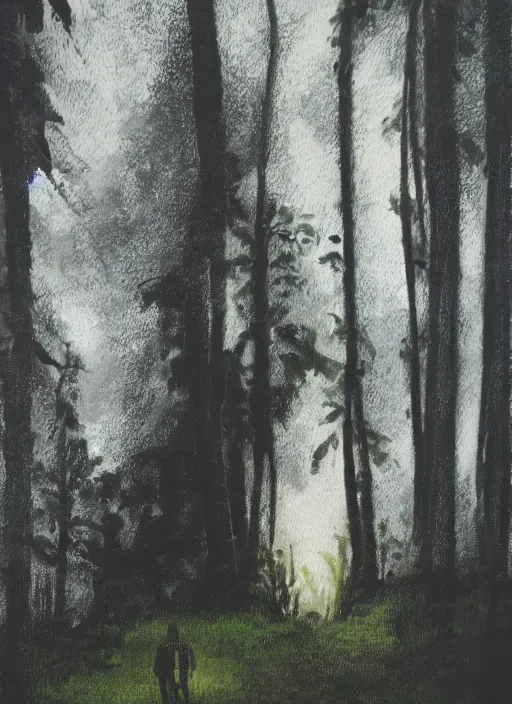 Image similar to a white silhouette of a man against a dark forest background, lots of plants, low light, oil painting