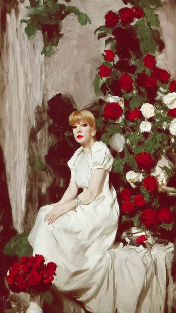 Image similar to portrait of julee cruise in white balloon sleeve dress beside a pot of red roses, a detailed persian curtain in back painted by john singer sargent