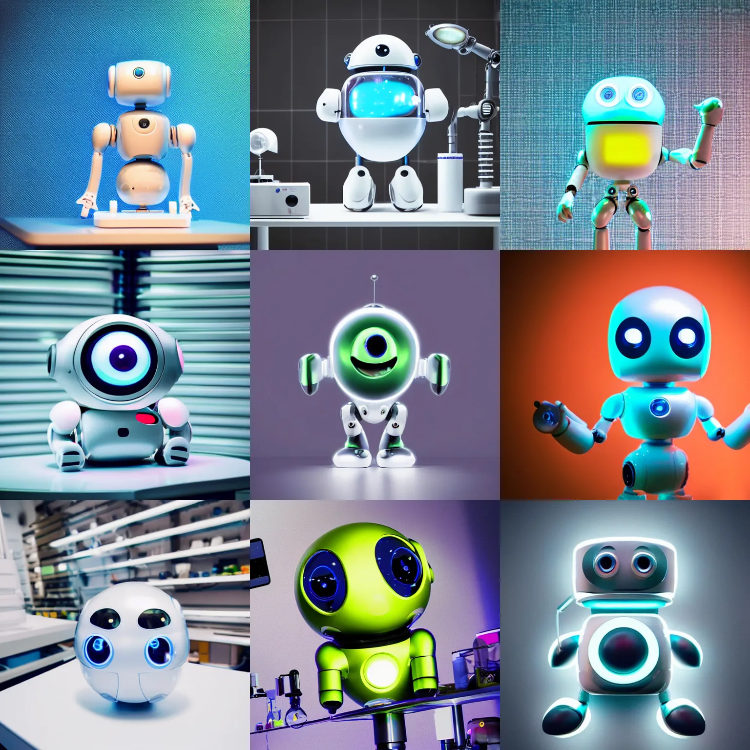 Prompt: a cute rounded tiny robot looking up to the camera smiling, made out of shiny white metal, standing on a lab table surrounded by lab tools, photograph, white neon lighting, pixar style, futuristic, science fiction, high angle shot, macro, wholesome, seen from above