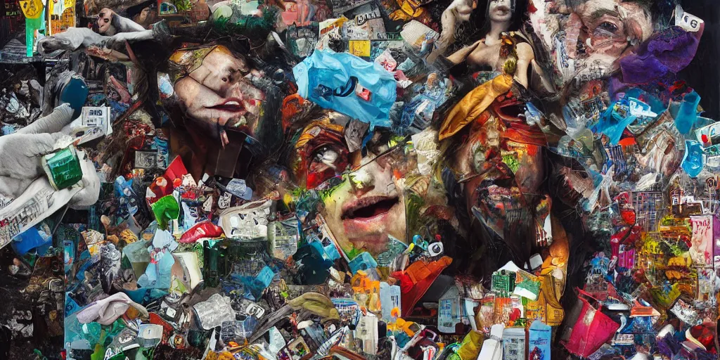 Prompt: mad trash bags, collage, acrylic on canvas, muralism, high resolution, cinematic, unreal 6 breathtaking detailed, breathtaking detailed, by blake neubert