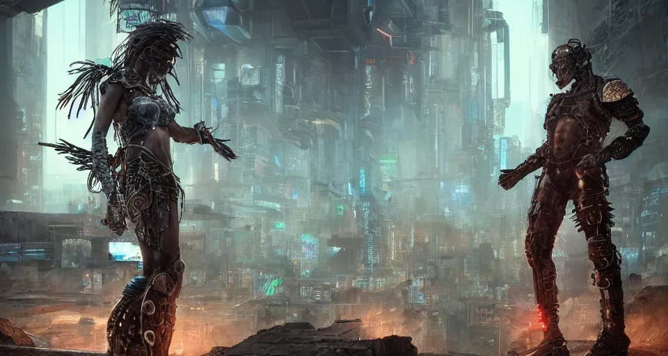 Image similar to cyberpunk gladiator, cinematic, highly detailed, octane render, cg, rich cinematic atmosphere, perfect digital art, mystical journey in strange world, Mystical, cyberpunk, tech war, sci-fi, surreal, glowing lights, sharp focus, dystopia, post apocalyptic vibes, high detailed, by Akihiko Yoshida, michael whelan and Karol Bak - H 1024