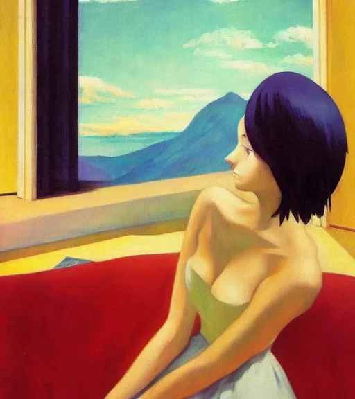 Image similar to edward hopper painting of an anime woman