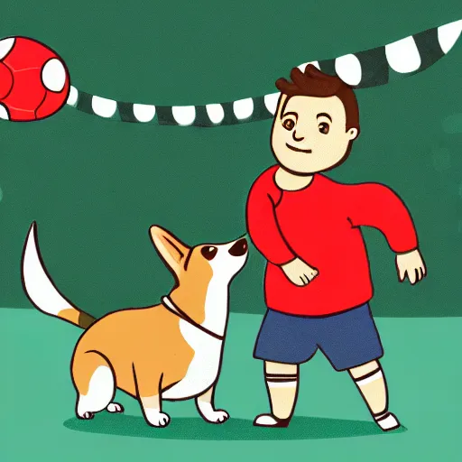 Image similar to illustration of french boy playing football with a corgi who is wearing a polka dot scarf