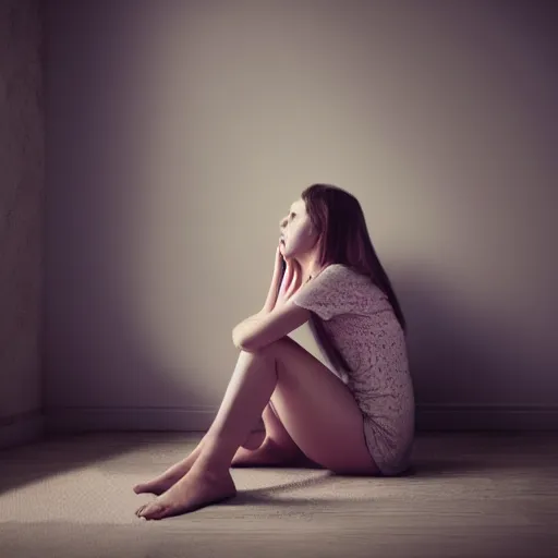 Prompt: a pretty young woman who is very depressed and feeling hopeless sitting in the corner of her room waiting for The End. fractal lighting. machine shadowing. happy image of a mentally unwell young woman. 'happy birthday depressed young woman, hahaha!', worthless soul sitting in the corner of her room.