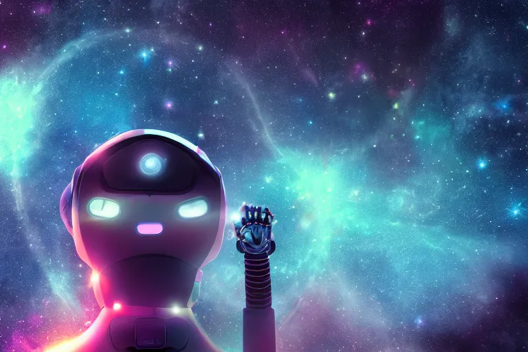 Image similar to a beautiful calm robot girl looking up at the galaxy, digital art, synthwave,