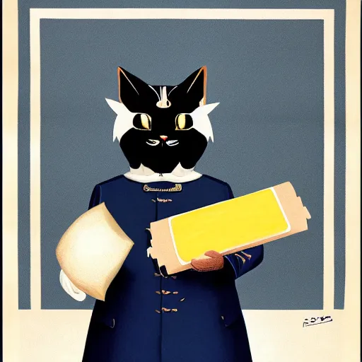 Prompt: a propaganda poster depicting a realistic looking cat dressed as french emperor napoleon holding a piece of cheese