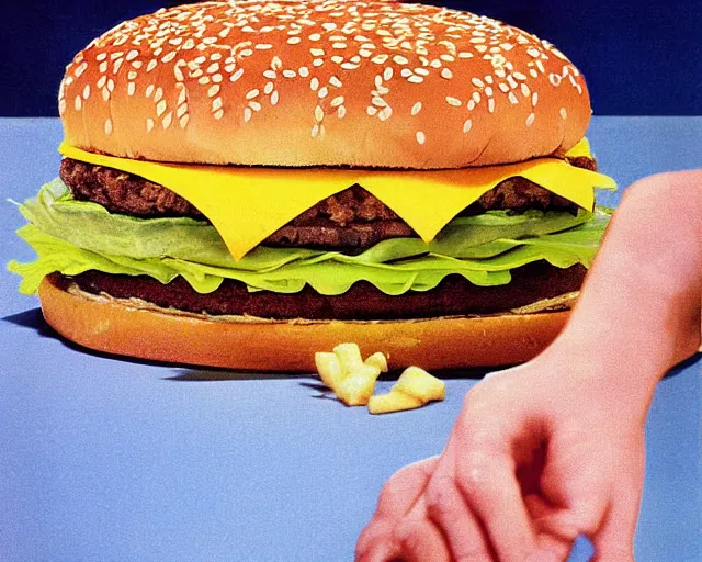 Image similar to 1970's cookbook color photograph of a big Mac with fries sharp detail high detail
