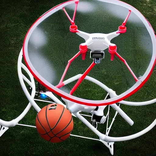 Prompt: flying drone robot with basketball hoop and backboard on the drone body