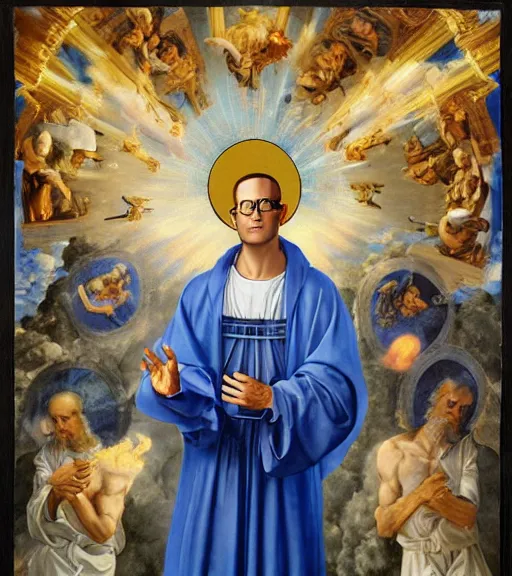 Image similar to hank hill wearing a white toga, emerging from blue fire, surrounded by blue flames, renaissance religious painting, late gothic religious paintings, byzantine religious art, painting by duccio di buoninsegna and carlo crivelli, detailed, trending on artstation