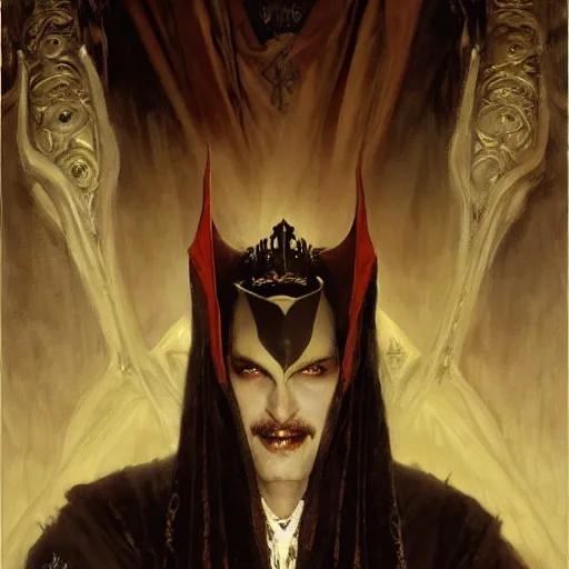 Image similar to perfectly centered portrait of attractive vampire king in a robe sitting on a throne of bones, highly detailed painting by gaston bussiere, craig mullins, j. c. leyendecker, 8 k