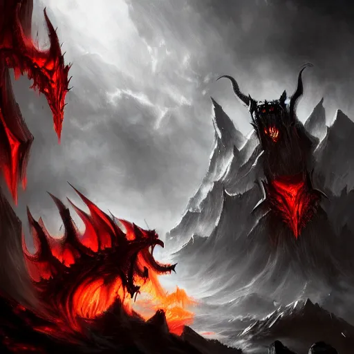 Image similar to dark fantasy concept of a vampire dragon god, with dark matter and molten armor on a mountain, cinematic, dynamic lighting, photorealistic, ultra detailed, trending on art station, stunning visuals, creative, hyper detailed