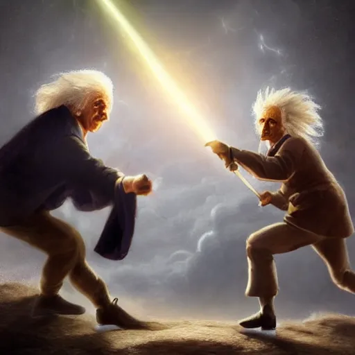 Image similar to Isaac newton fights albert einstein with a sword, Trending on artstation, environment and concept art, wide shot, iridescent, flickering light, , full body, minimalistic, very detailed, dramatic cinematic lighting rendered by octane, 8k, detailed, intricate, clean and textures, trending on artstation, treanding on deviantart, trending on cgsociety, pinterest