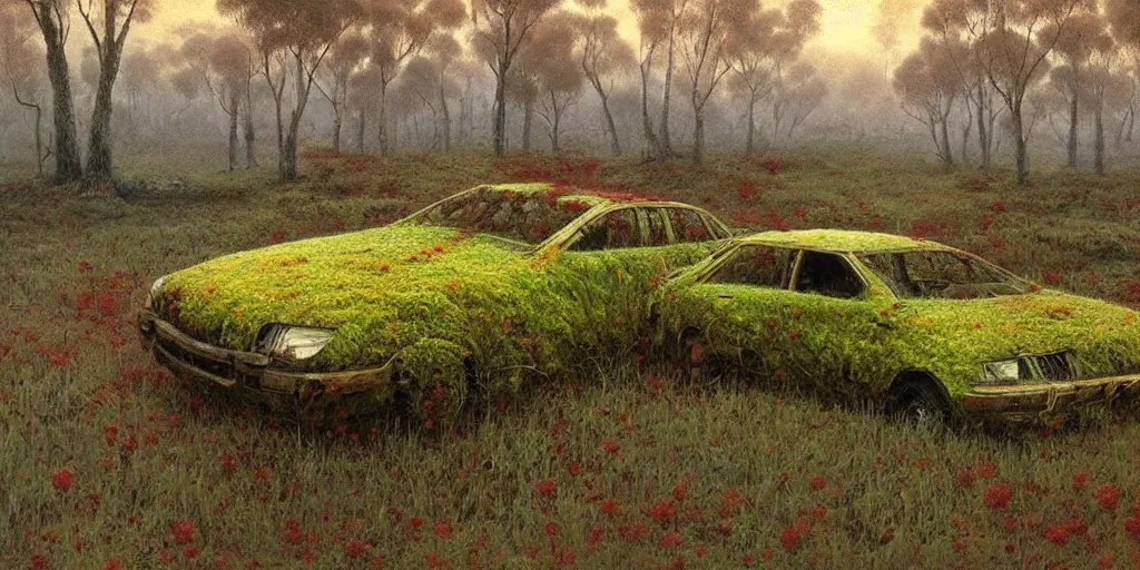 Image similar to hyper realistic painting of an australian landscape, an abandoned holden commodore covered with moss. by Zdzislaw Beksinski