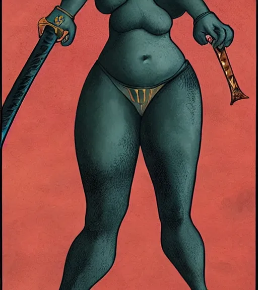Prompt: 1 9 8 0 s fantasy novel book cover, bbw plus size amazonian scarlett johansson in extremely tight bikini armor wielding a cartoonishly large sword, exaggerated body features, dark and smoky background, low quality print
