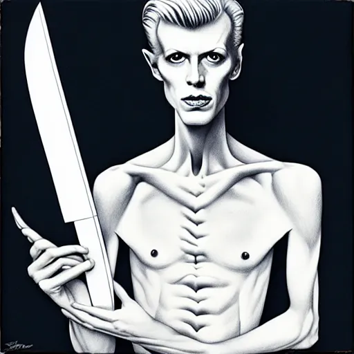 Image similar to the thin white duke holding a Bowie knife james jean masterpiece
