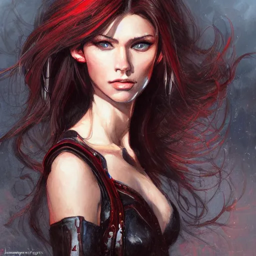 Prompt: !dream fantasy woman, long dark brown hair, red and black armor, blue eyes, highly detailed, perfect facial detail, beautiful, elegant, high fantasy, style of artgerm, rutkowski, giacometti,