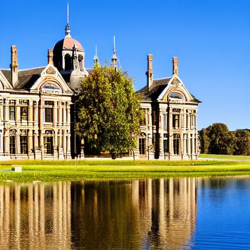 Prompt: photograph of a grand victorian college building in the countryside by a large lake. detailed architecture, realistic, well lit and blue sky.