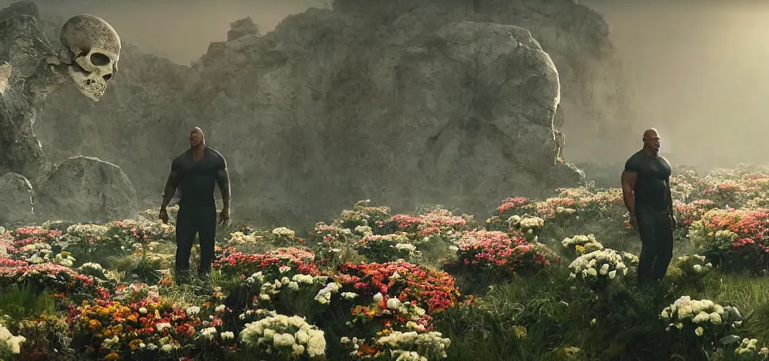 Prompt: dwayne johnson in the shape of a skull surrounded by flowers at dawn, foggy, sun rays, cinematic shot, photo still from movie by denis villeneuve, wayne barlowe