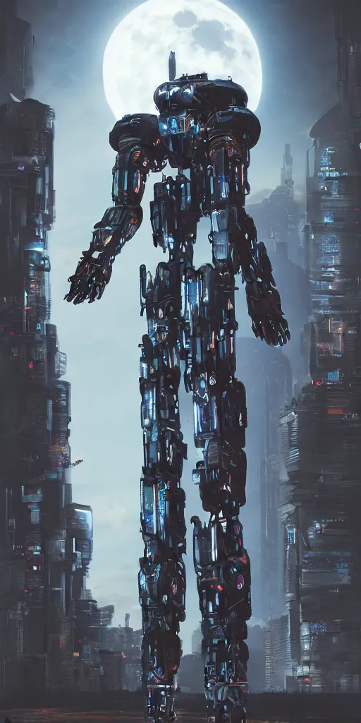 Image similar to a giant cyberpunk robot touching the moon. incredible detailed. sharp focus. digital art. full body