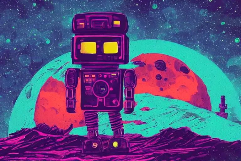 Prompt: a cozy robot laying on mars in the style of flooko, acrylic, art, detailed, moonlight, bokeh, synthwave, phychedelic, glitch, neon, retro, galaxy, glow, ambient lighting, cinematic lighting,