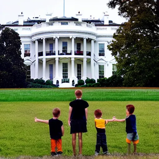 Prompt: one girl and three boys, they are siblings, the wall of a white house is in the beackground