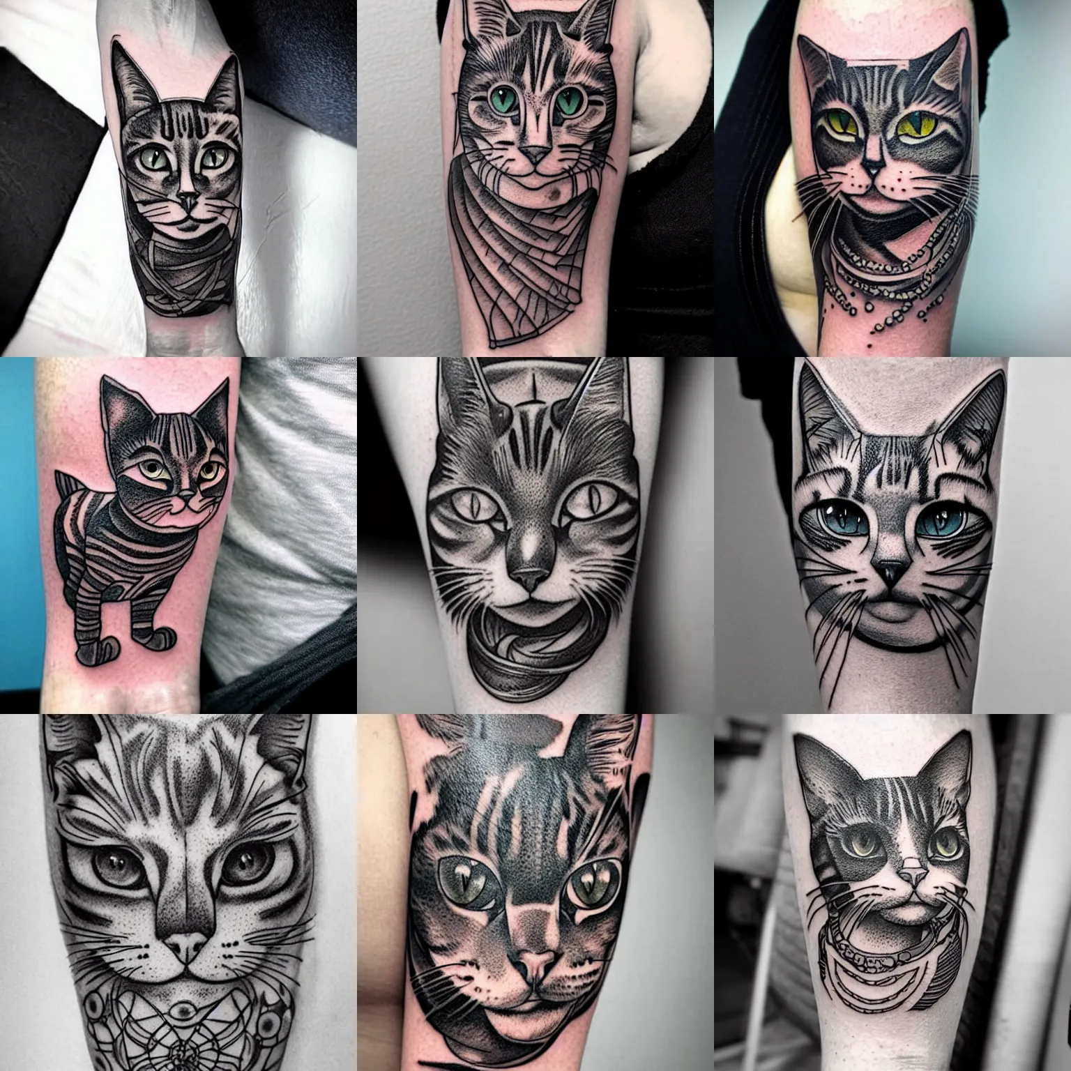 Prompt: a tattoo of a cat cyborg, detailed line work, beautiful