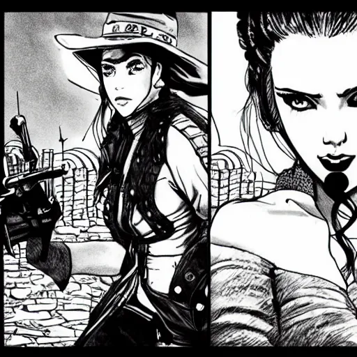 Prompt: scarlett johansson as a gunslinger in afro samurai manga style, pencil and ink, walking the wild west wastelands