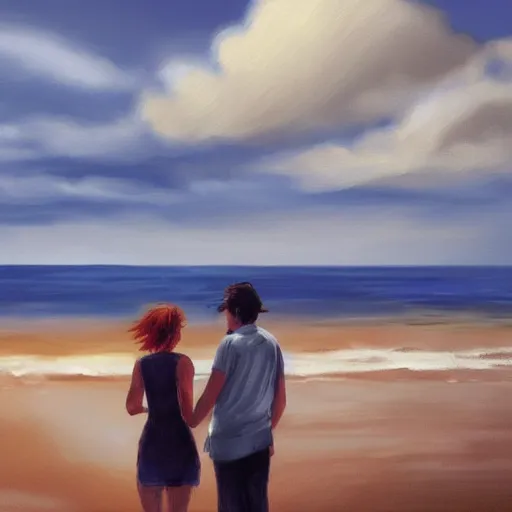 Prompt: a man and a woman looking to the sea in a beach, sunshine, realistic, clouds , illustration, artstation