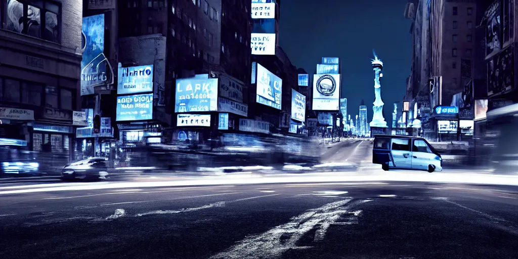 Image similar to an open frame blue tuk tuk going through a desolate manhattan city street at night, statue of liberty seen in the background, realistic 4 k octane beautifully detailed render, 4 k post - processing, highly detailed, detailed face, intricate complexity, epic composition, magical atmosphere, cinematic lighting, masterpiece, color picture, ultra hd