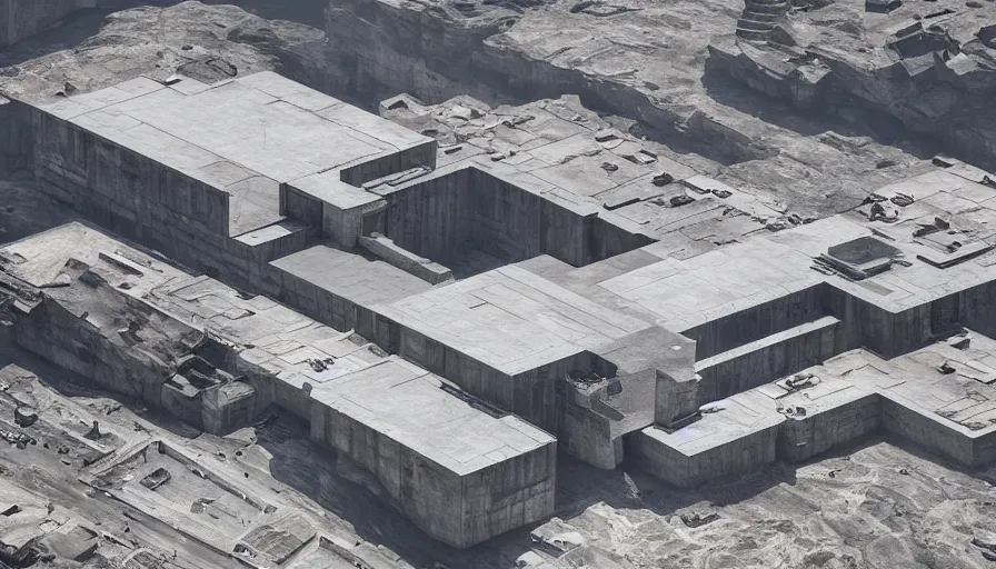 Image similar to big brutalist imperial military base on cliffs, drawing architecture,, greig fraser, very long shot, top angle, imperial architecture in rogue one, pritzker architecture prize, brutalism architecture, jan urschel