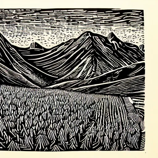 Prompt: intricate, detailed, Linocut Art on paper of canadian fields and mountains. Epic Latin American Linocut Art.