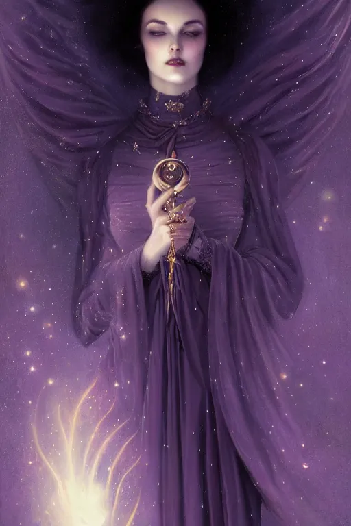 Prompt: Nocturne, glowing, stars, a long-legged elegant evil woman, highly detailed, mysterious, ethereal, dressed in ultra violet velvet, haute couture, illustration, dramatic lighting, soft details, painting, by Edmund Blair Leighton, Brom, Charlie Bowater, trending on artstation, faces by Tom Bagshaw, otto schmidt