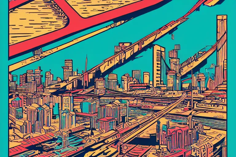 Prompt: a colorful woodcut print of a retro futuristic city, trending on artstation