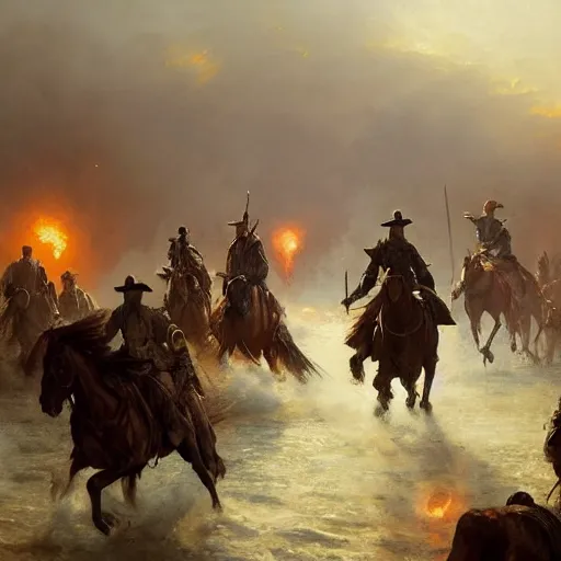 Image similar to a dramatic epic ethereal war scene during archetypical Old West period, 19th century, dynamic poses, cinematic lighting, highly detailed oil on canvas painting by Greg Rutkowski, winning-award digital art trending on Artstation H 832 W 1024