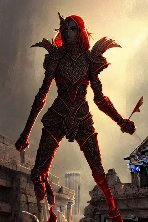 Prompt: portrait knights of Zodiac girl, metallic black and red color reflected armor, in ruin Agora of Athens sunrise, ssci-fi, fantasy, intricate, natural atmosphere, elegant, golden light, highly detailed, digital painting, concept art, smooth, sharp focus, illustration, art by N I X E U and tian zi and WLOP and loish and greg rutkowski