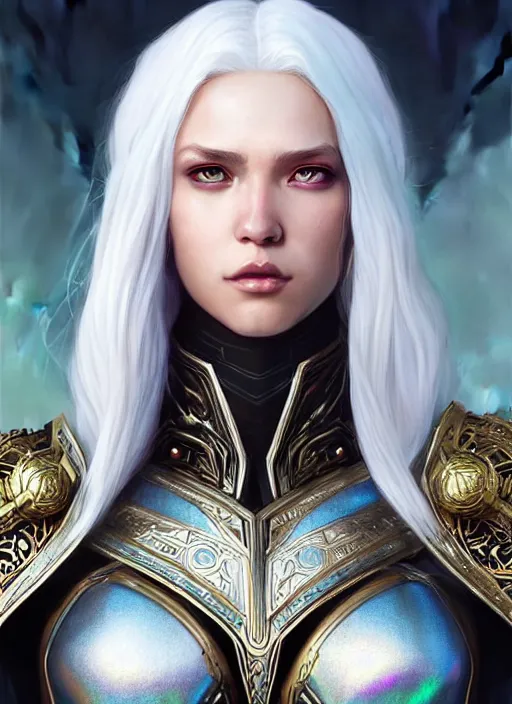 Image similar to iridescent armor!!! long wild white hair!! covered chest!!! fantasy, d & d, intricate ornate details, digital painting, pretty face!!, symmetry, concept art, sharp focus, illustration, art by artgerm! greg rutkowski magali villeneuve wlop! ilya kuvshinov!!, octane render