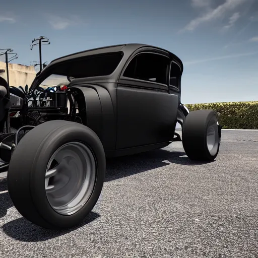 Prompt: matte black chopped and channeled tesla rat rod with a blower protruding out of the hood, 4 k photorealism, 4 k quality