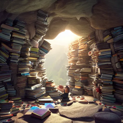 Image similar to books cave, 3 d render, incredible details, highly detailed, photorealistic, disney pixar, smooth, octane render, iridescent, 8 k