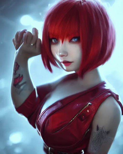 Image similar to a girl with short red hair, cool, vi from arcane, league of legends, fighter, cool red jacket, tattoo, beautiful, 3 d, potrait, art staion, studio light, closeup shot, octane render, wlop