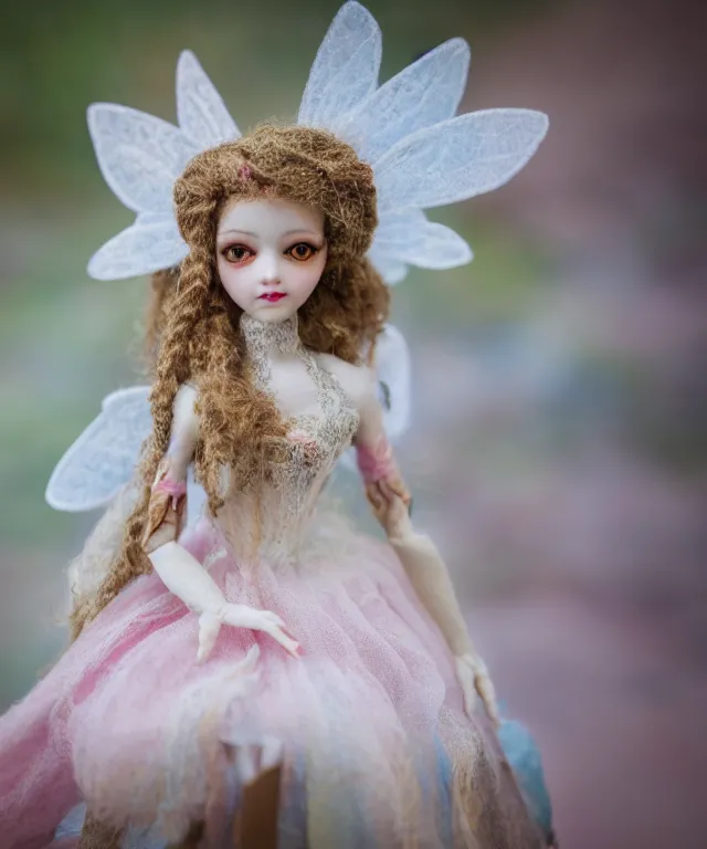 Prompt: high quality presentation photo of a detailed fairy doll in the style of Nicoletta Ceccoli photography 4k f1.8 anamorphic bokeh 4k Canon Nikon