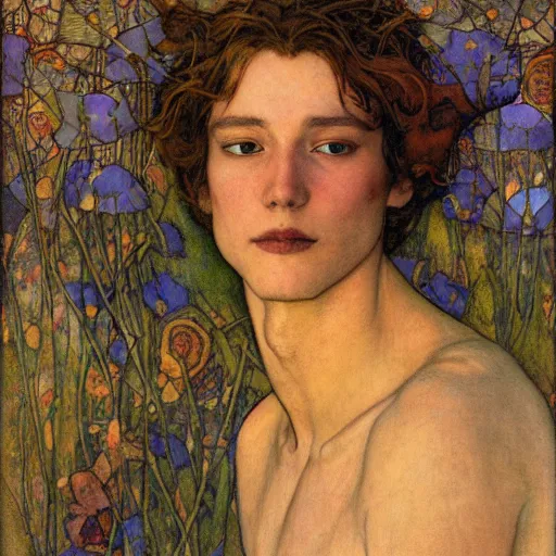 Image similar to the flower prince, by jessie willcox smith and donato giancola and nicholas roerich, symbolist, tattoos, dramatic lighting, elaborate geometric ornament, art brut, god rays, soft cool colors, smooth, sharp focus, extremely detailed