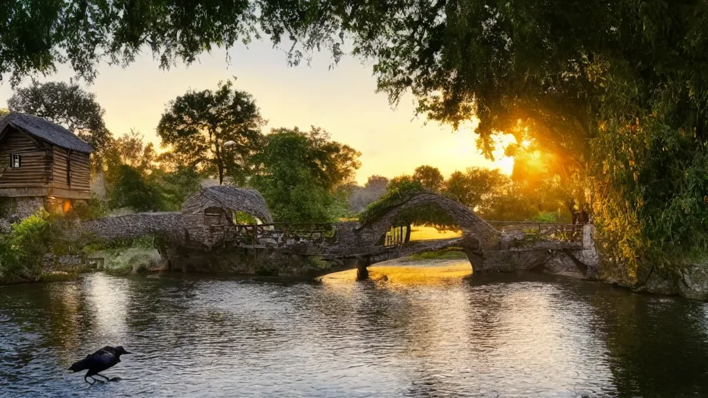 Image similar to small wooden cottage by the river, a tree with vines wrapped around it, two crows on the tree, tranquility, arch stone bridge over the river, an old man riding a horse on the bridge, sunset