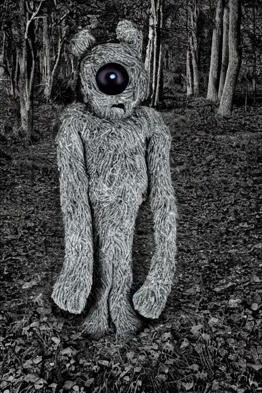 Image similar to trailcam night vision photograph of an abhorrent eldritch demonic forest teletubby creature. 8 k resolution