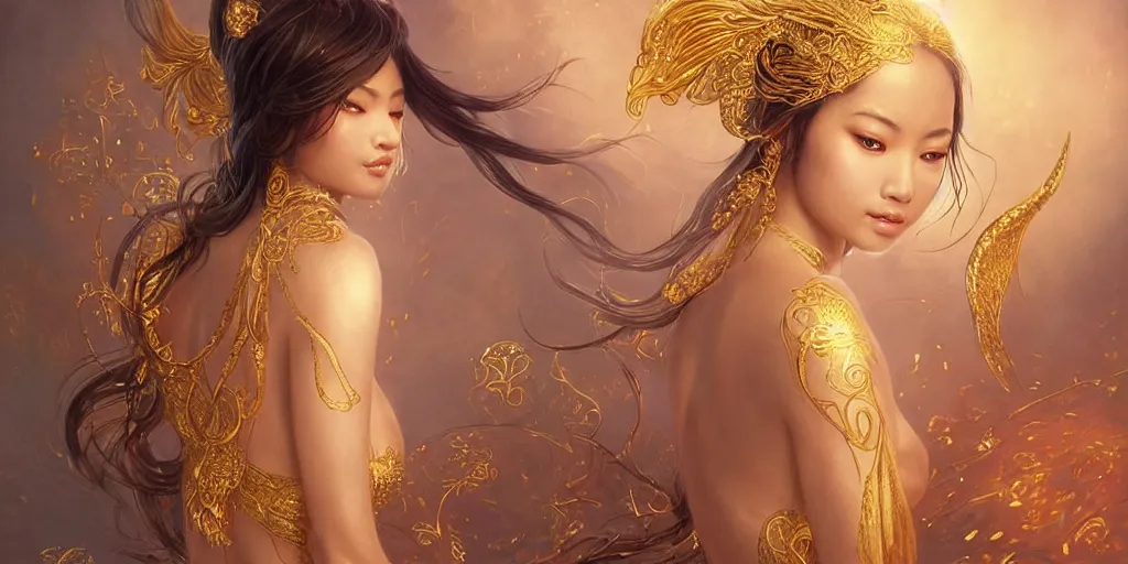 Prompt: asian nymph goddess, of bliss flowing golden silk twisting with elegant tattoos of cursive golden inked sigils on her opalescent skin, fantasy, intricate, very beautiful, elegant, golden light, highly detailed, art by artgerm and greg rutkowski and peter mordenbacher